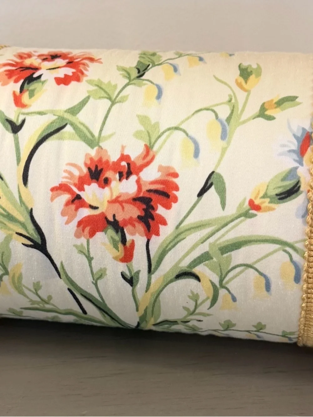Vintage Bolster Pillow Floral Chintz & Blue Velvet Fabric Gold Trim Button Ends - Picture 2 of 9